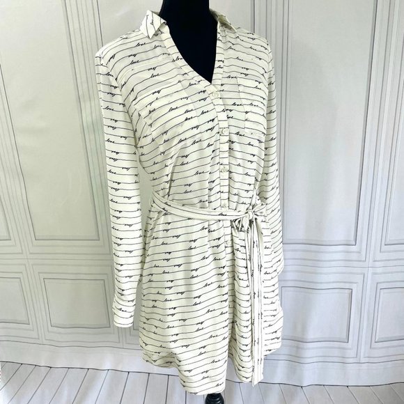 Express LOVE script Ivory Button down Tunic Dress blouse with Sash SMALL - Picture 3 of 4